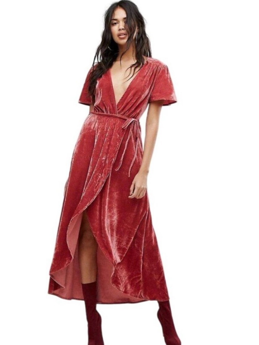 PrettyLittleThing Rust Red High Low Velvet Wrap Maxi Dress Size 6